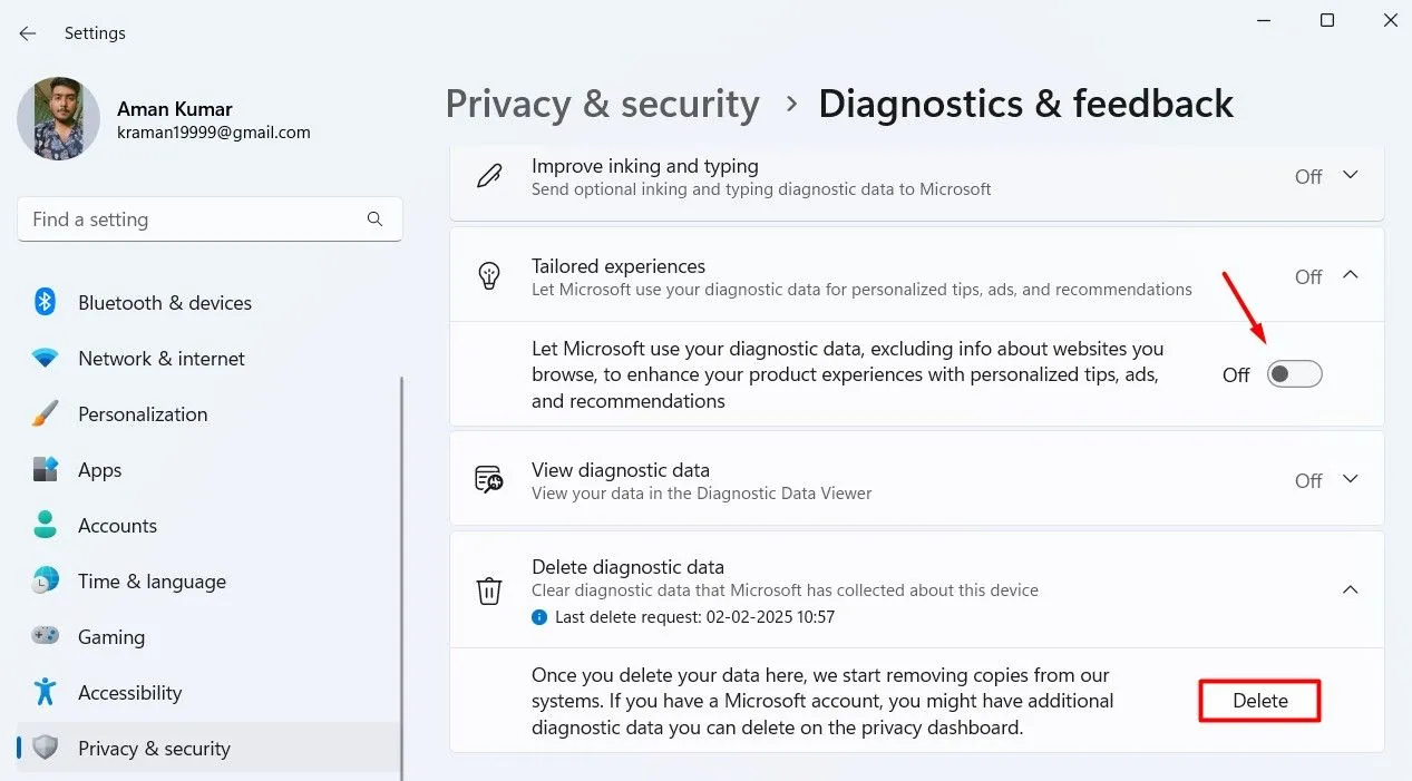 Nút gạt tắt trải nghiệm phù hợp trong cài đặt chẩn đoán và phản hồi của Windows 11