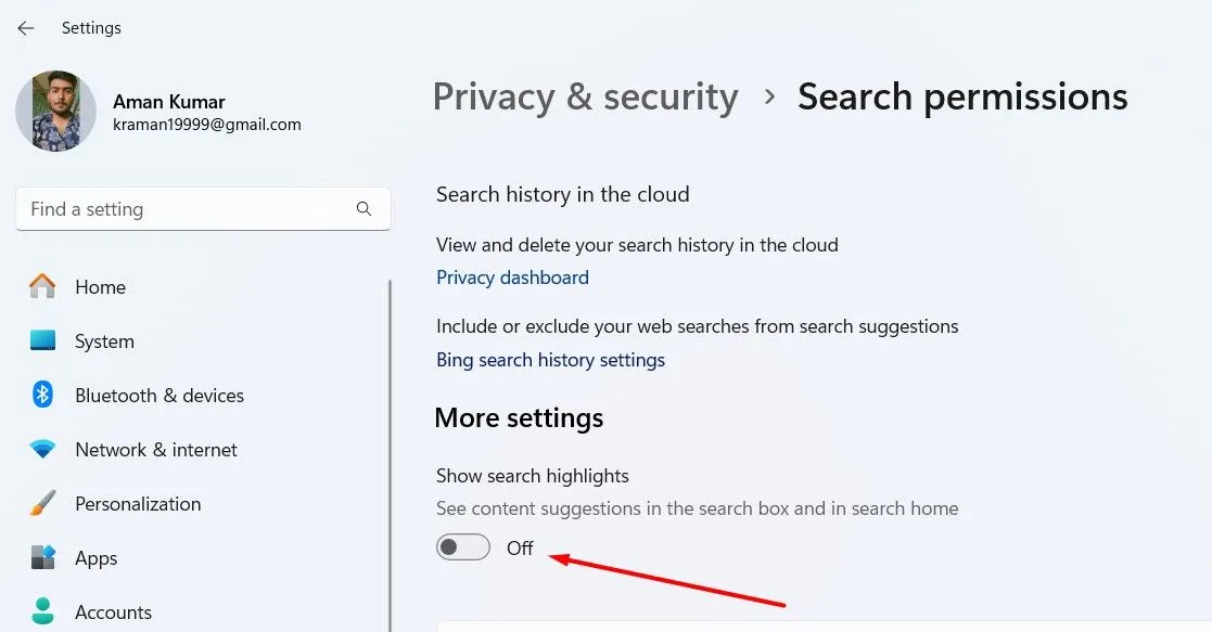 Nút tắt tính năng điểm nổi bật tìm kiếm trong cài đặt Windows 11