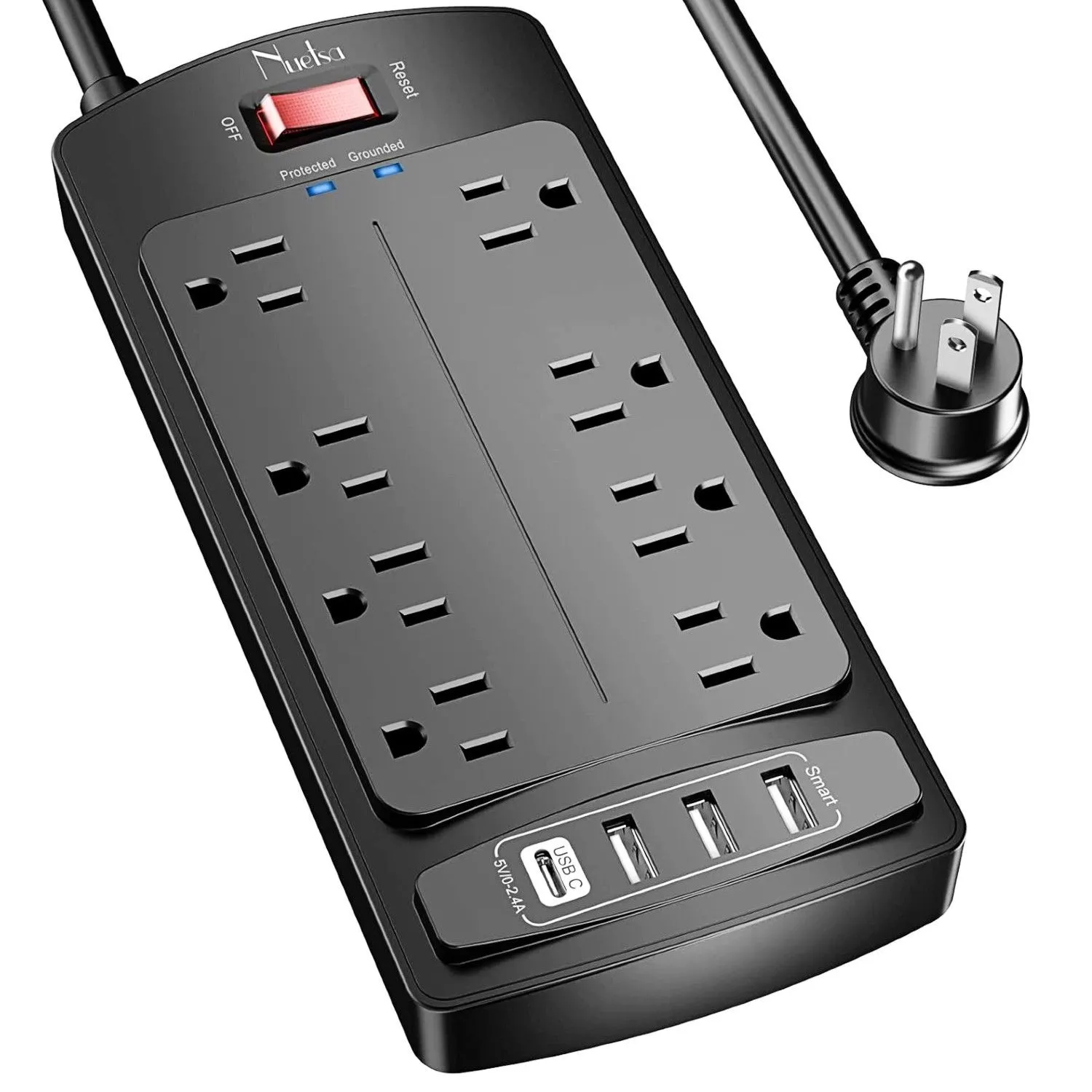 Ổ cắm điện chống sét lan truyền Nuetsa trên nền trắng, cung cấp nhiều cổng kết nối và bảo vệ thiết bị trong văn phòng tại nhà.
