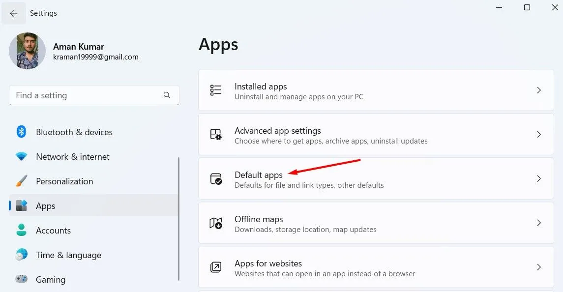 Phần cài đặt ứng dụng mặc định trong ứng dụng Cài đặt của Windows 11
