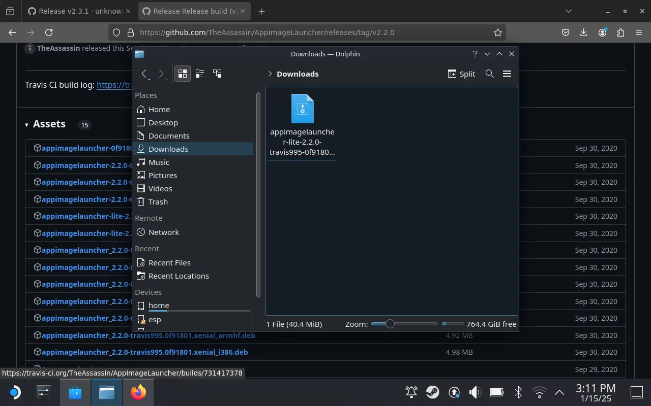 Quá trình tải AppImageLauncher về SteamOS trên Steam Deck để chuẩn bị cài đặt Greenlight