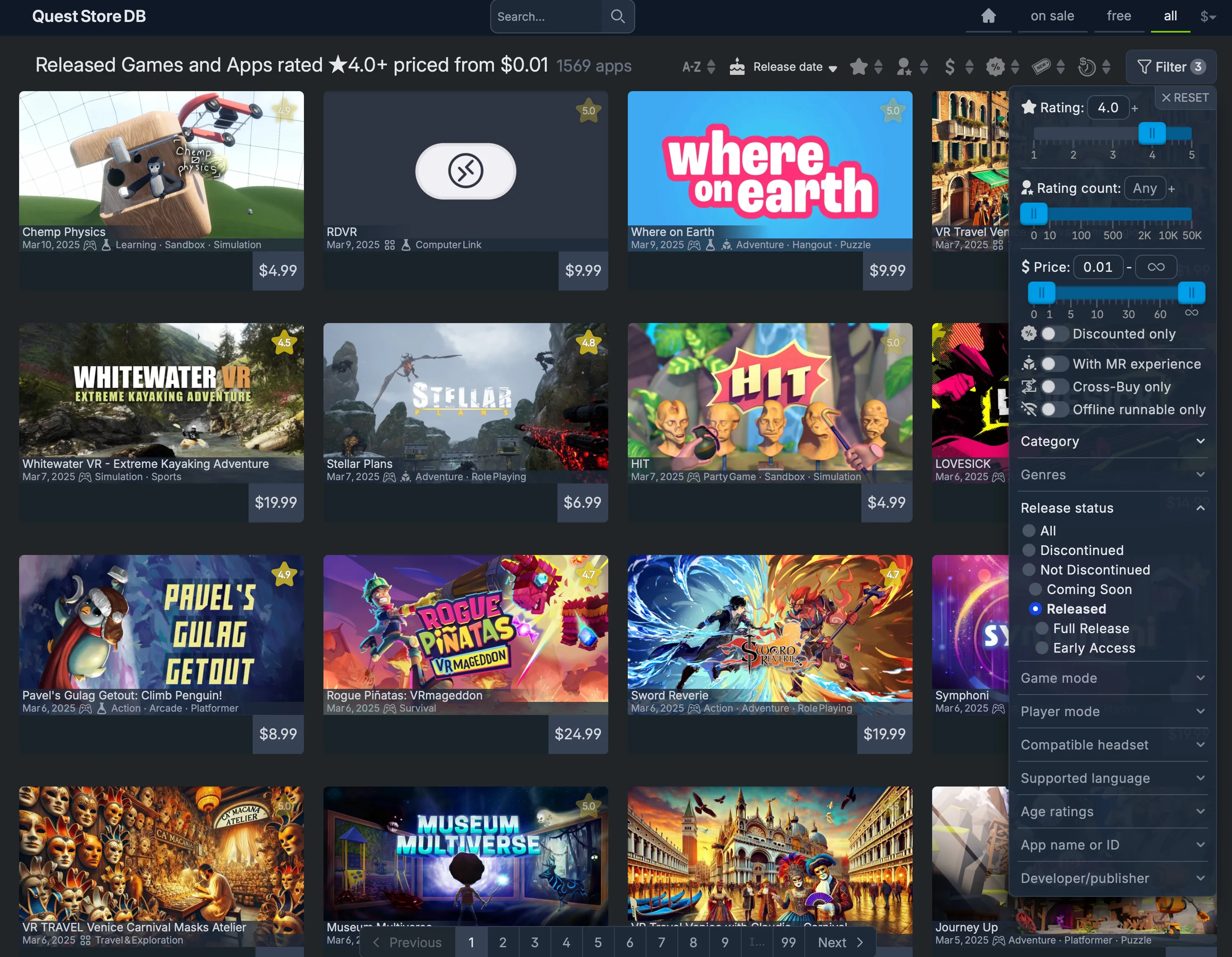 Quest Store DB áp dụng các bộ lọc để loại bỏ các game rác, hiển thị cách người dùng có thể tùy chỉnh tìm kiếm trên nền tảng này.