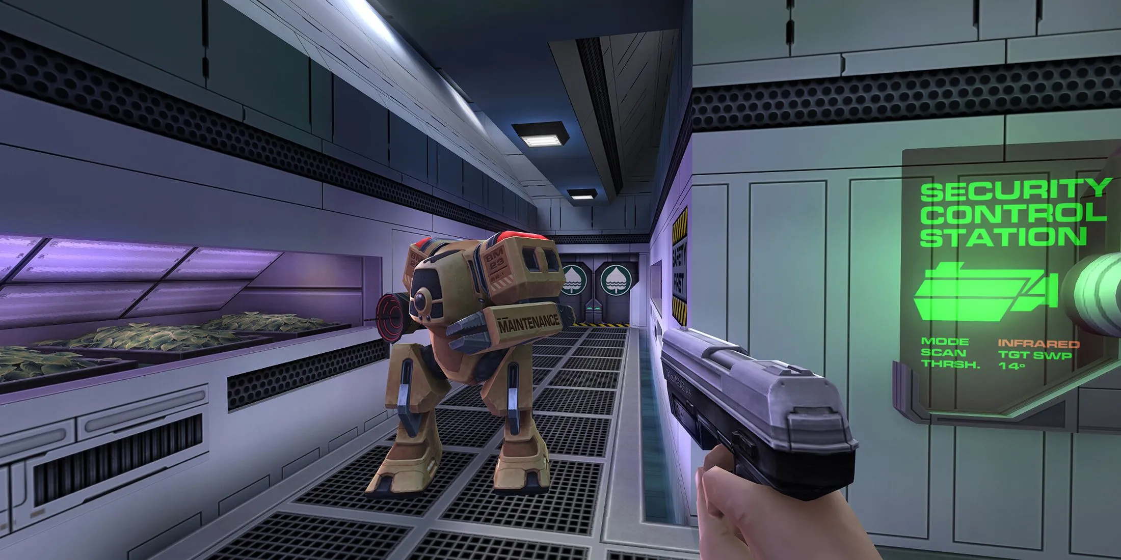 Robot bảo vệ nguy hiểm trong System Shock 2 Remaster, kẻ thù do AI SHODAN điều khiển