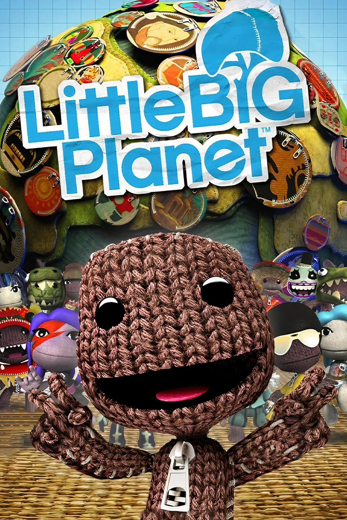 Sackboy, nhân vật đáng yêu của LittleBigPlanet, đứng trên một nền tảng đầy màu sắc với nhiều vật thể sáng tạo xung quanh
