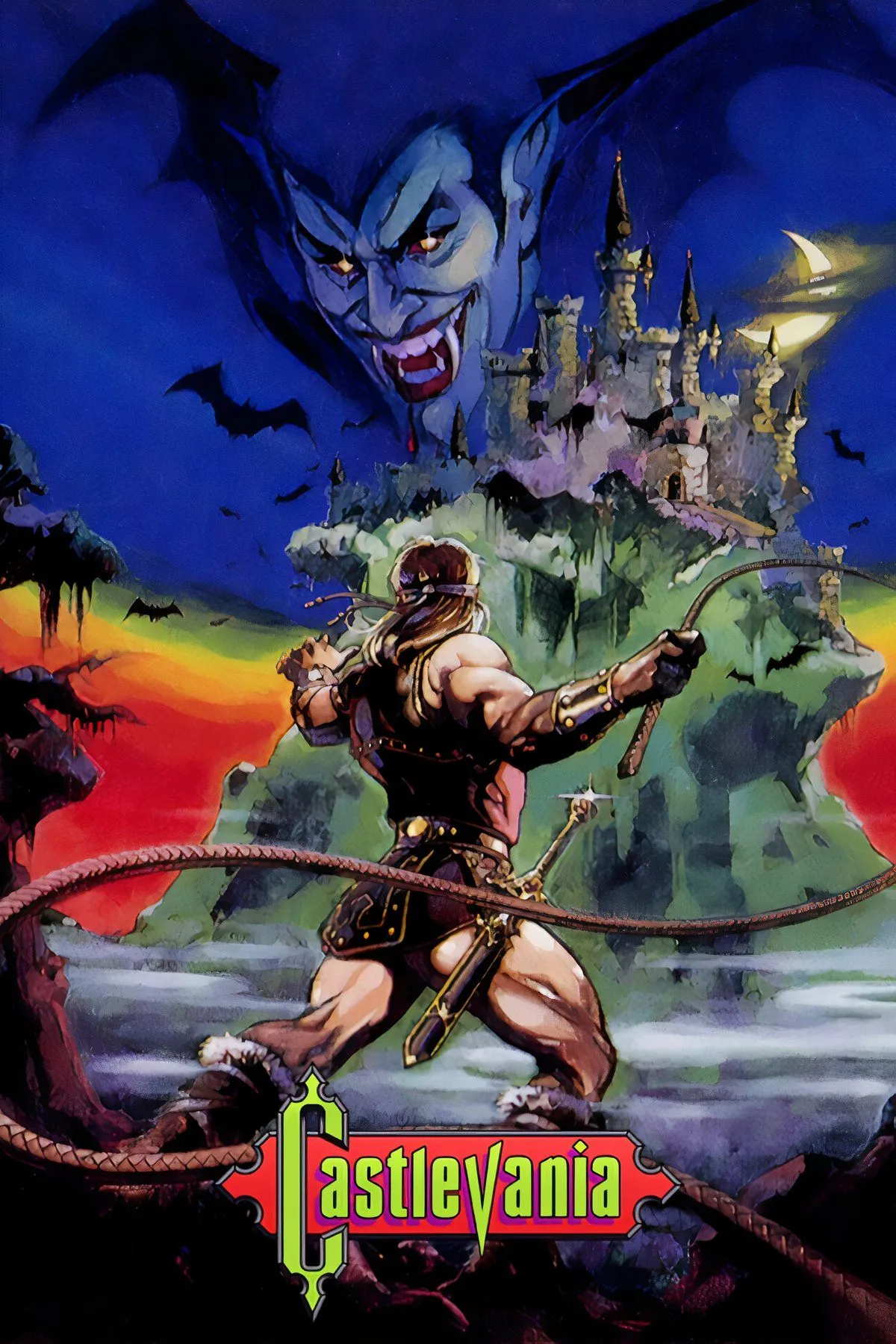 Simon Belmont, thợ săn ma cà rồng trong Castlevania, cầm roi chiến đấu với một con quái vật xương trong một lâu đài u ám