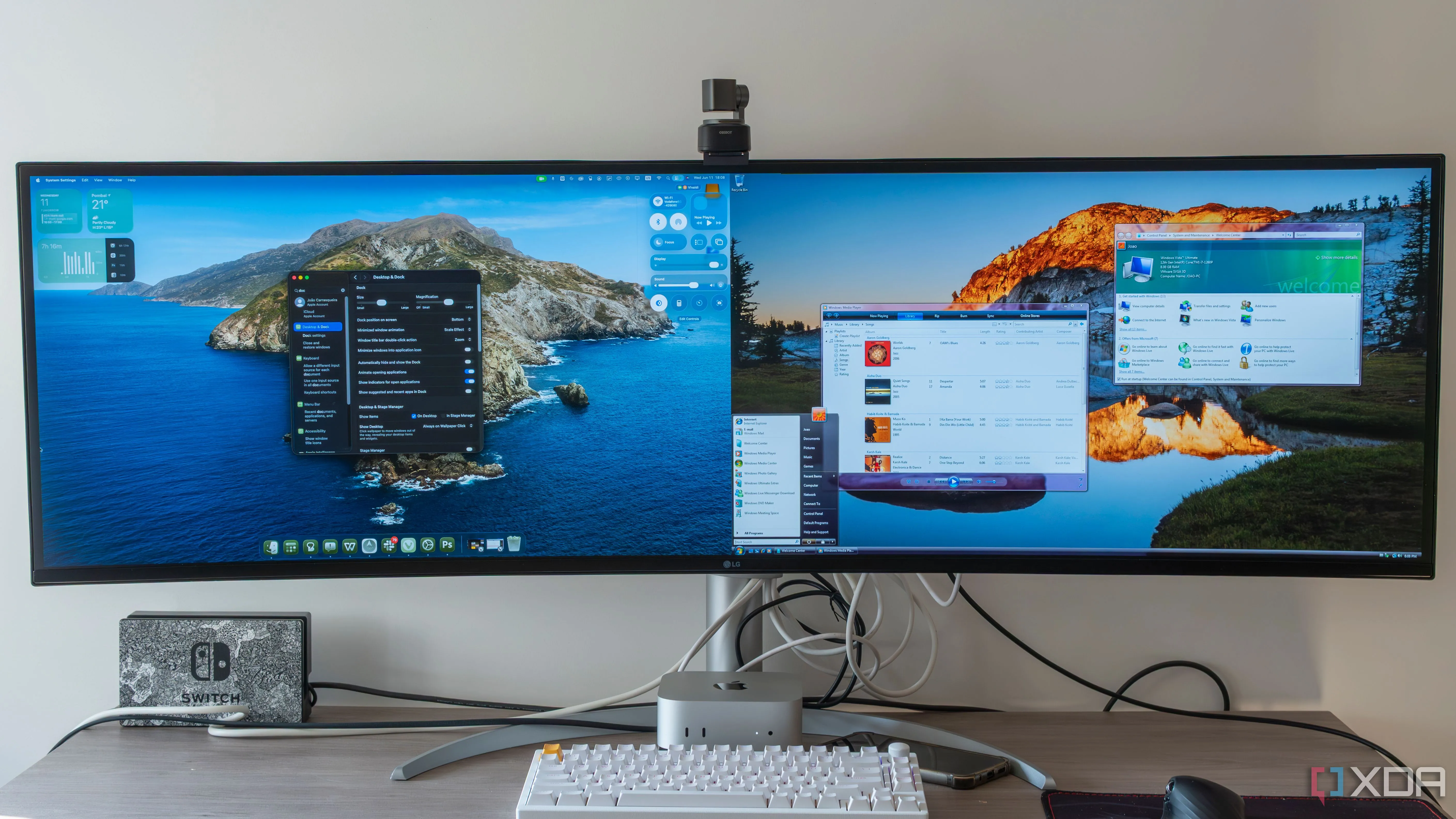 So sánh trực quan giao diện Liquid Glass trên macOS Tahoe và Aero trên Windows Vista, làm nổi bật sự khác biệt về thiết kế trong suốt giữa hai hệ điều hành.