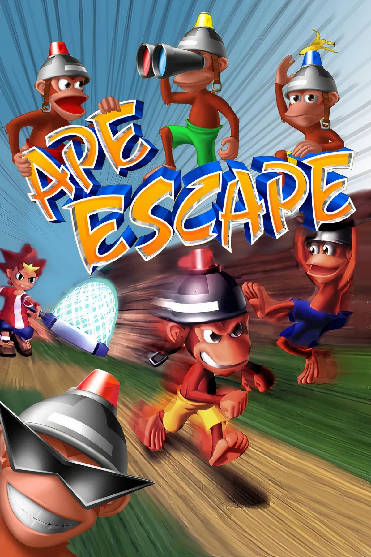 Spike, nhân vật chính trong game Ape Escape, sử dụng các công cụ để bắt những chú khỉ trong một khung cảnh vui nhộn