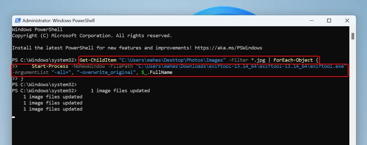 Sử dụng lệnh PowerShell kết hợp ExifTool để xóa dữ liệu EXIF hàng loạt cho ảnh.