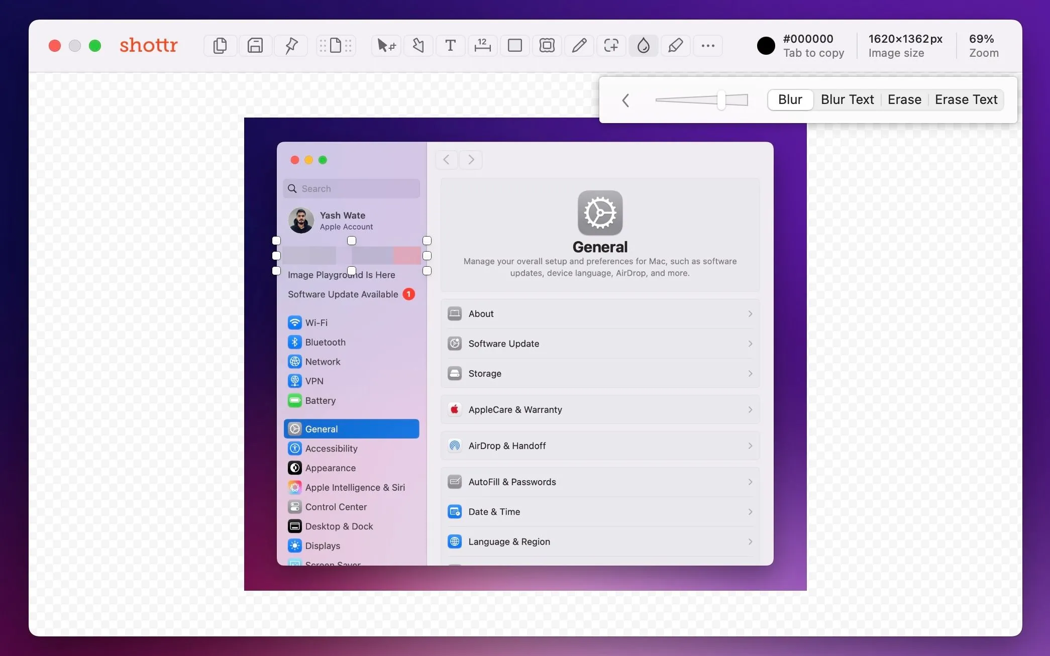 Sử dụng tính năng làm mờ (Blur) của Shottr để che đi thông tin nhạy cảm trên ảnh chụp màn hình.