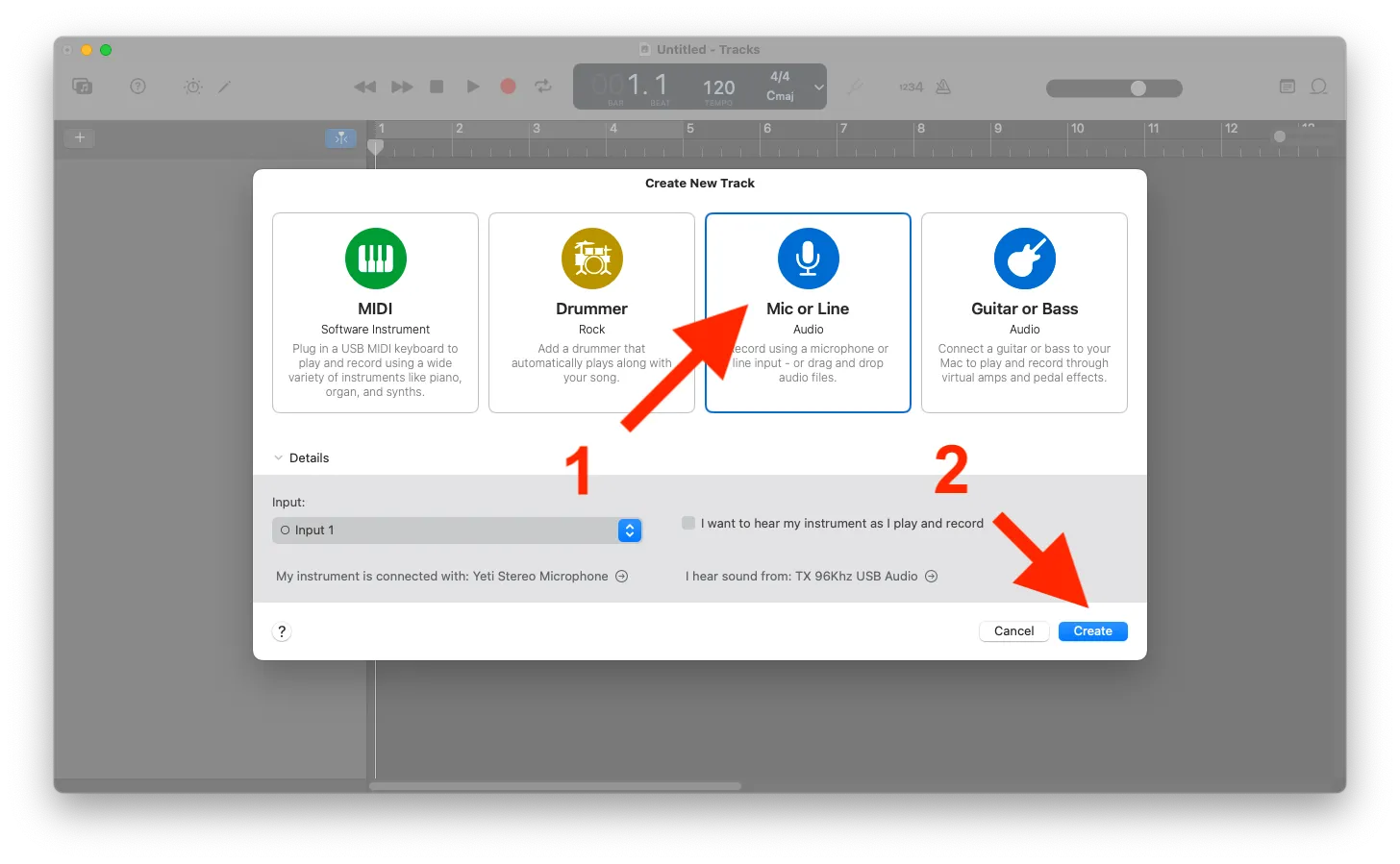 Tạo một bản nhạc micro mới trong GarageBand, thiết yếu cho việc ghi âm giọng nói trong podcast.