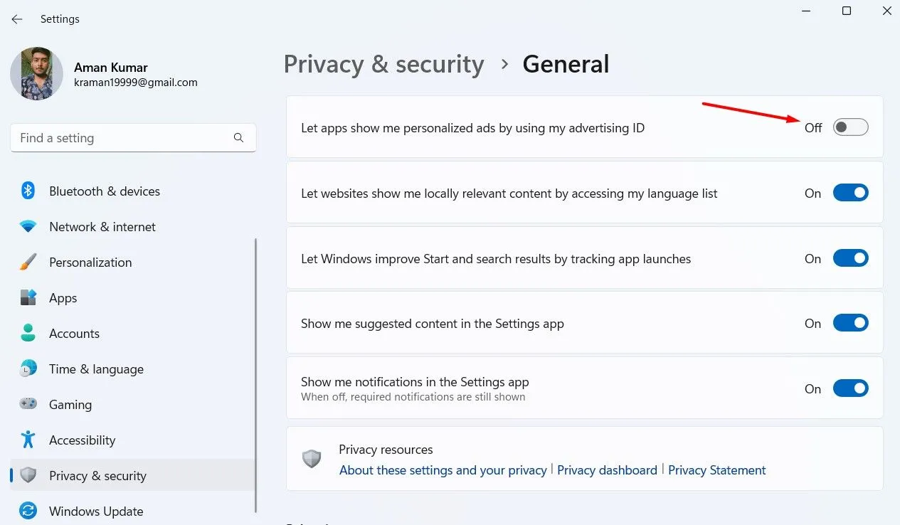 Tắt ID quảng cáo cá nhân hóa trong phần cài đặt quyền riêng tư của Windows 11