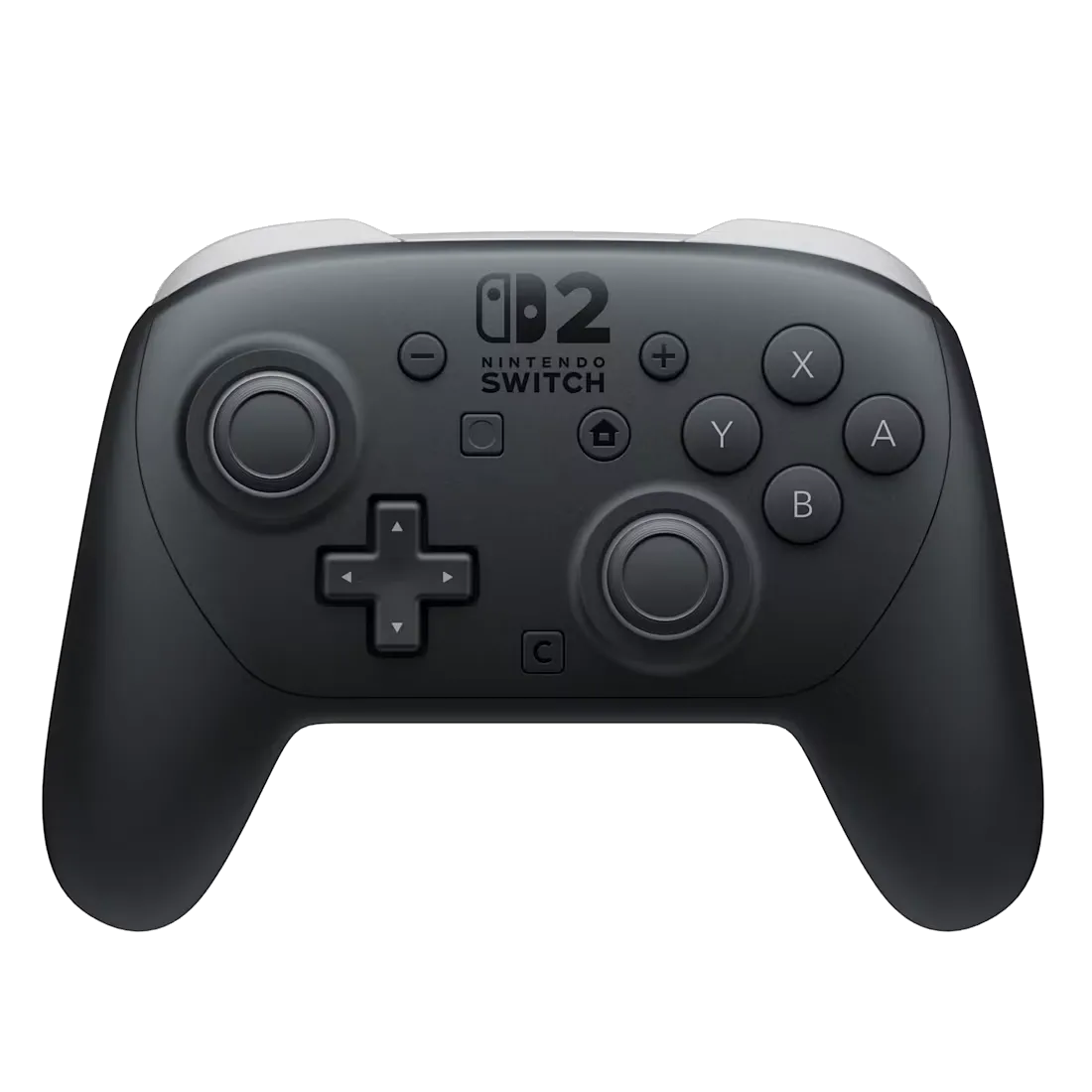 Tay cầm Nintendo Switch 2 Pro Controller màu đen trên nền trắng, thể hiện thiết kế tổng thể