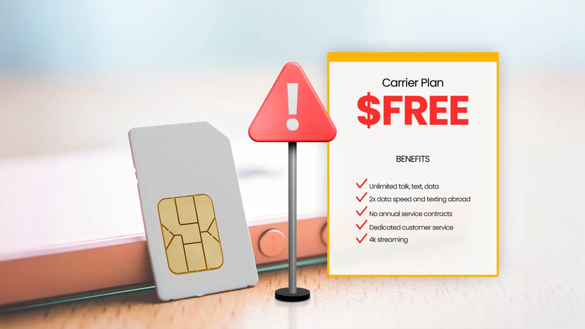 Thẻ SIM, điện thoại và biểu tượng cảnh báo về các điều khoản nhỏ trong gói cước nhà mạng