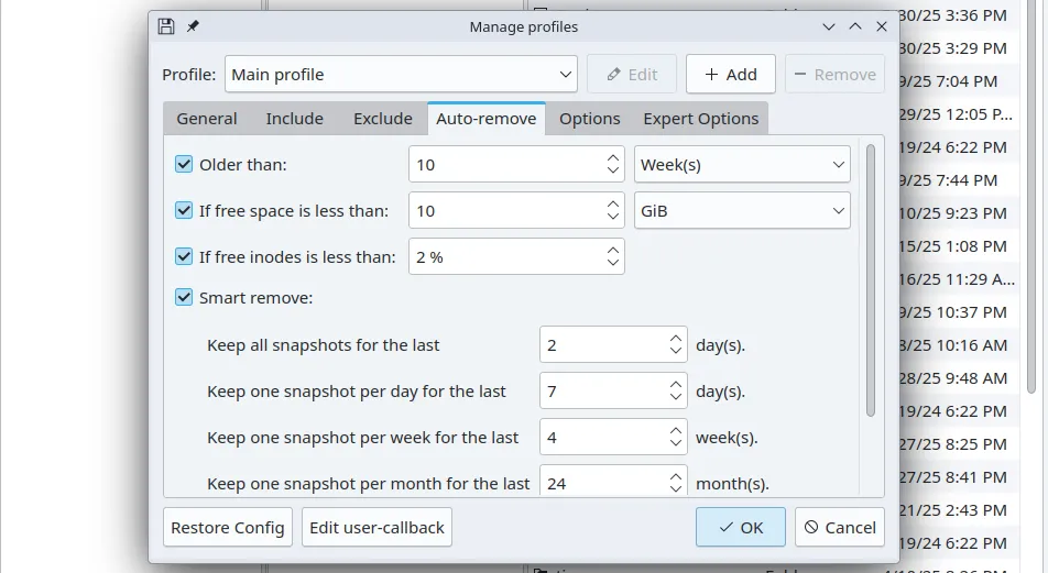 Thẻ Tự động Xóa (Auto-Remove) trong ứng dụng Back in Time, thiết lập chính sách lưu giữ snapshot