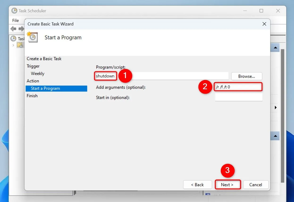 Thiết lập hành động &quot;Start a Program&quot; và nhập lệnh &quot;shutdown&quot; cùng các tham số `/r /f /t 0` để tự động khởi động lại