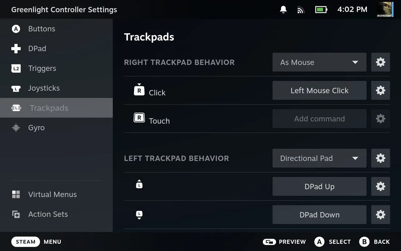 Thiết lập lại chức năng trackpad phải của Steam Deck thành chuột trái cho Greenlight trong cài đặt tay cầm