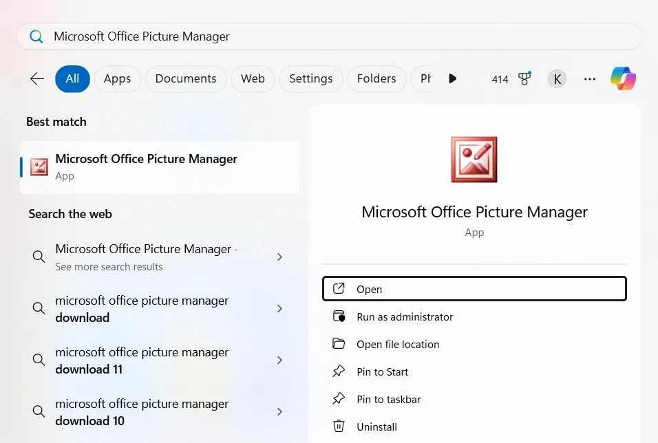 Tìm kiếm Microsoft Office Picture Manager trong Start Menu của Windows 11 sau khi cài đặt.