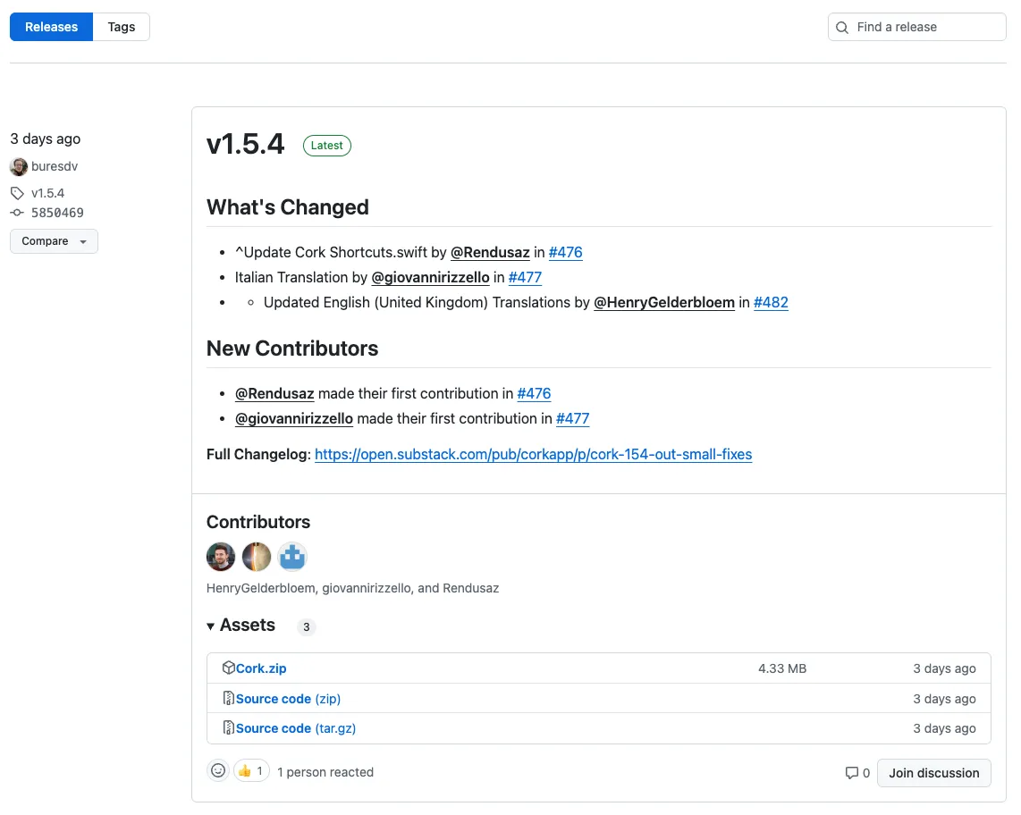 Trang Releases trên GitHub minh họa cách tải xuống ứng dụng đã đóng gói từ một dự án mã nguồn mở.