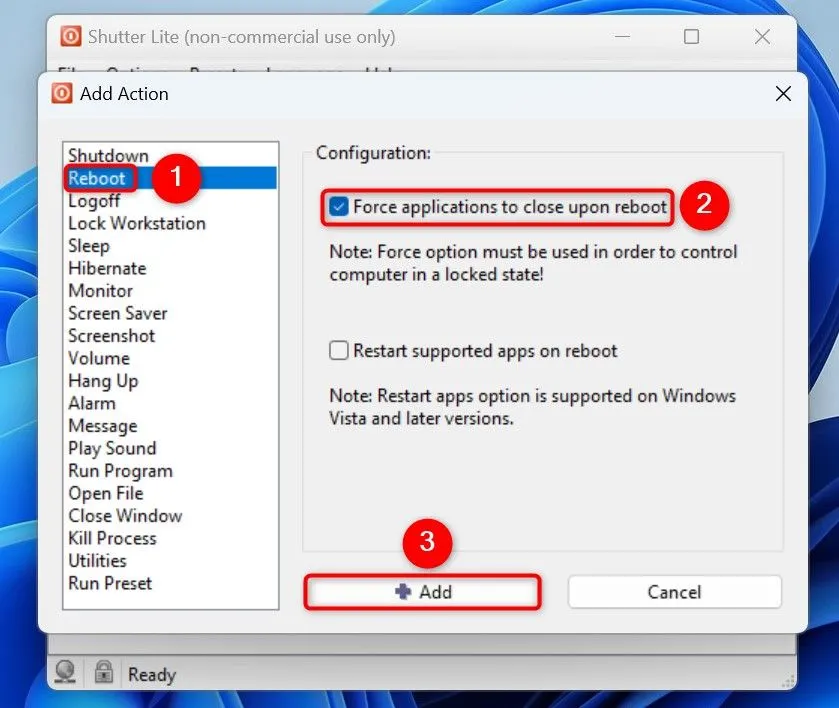 Trong Shutter, thiết lập hành động Reboot (Khởi động lại) và tùy chọn &quot;Force Applications to Close Upon Reboot&quot; để buộc đóng ứng dụng