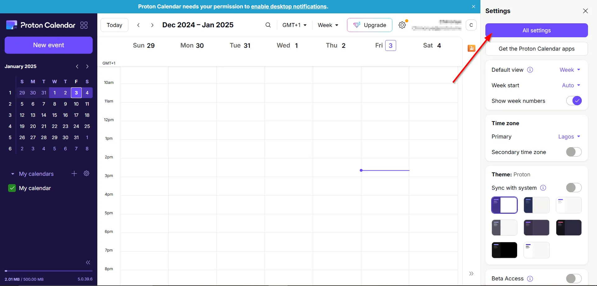 Tùy chọn &quot;All settings&quot; trong giao diện cài đặt của Proton Calendar