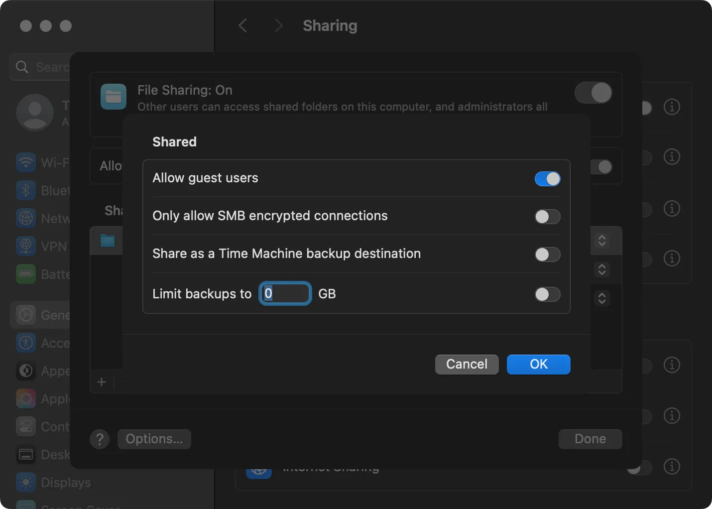 Tùy chọn &quot;Chia sẻ làm đích sao lưu Time Machine&quot; được bật trong cài đặt chia sẻ tệp của macOS, cho phép sao lưu qua mạng.