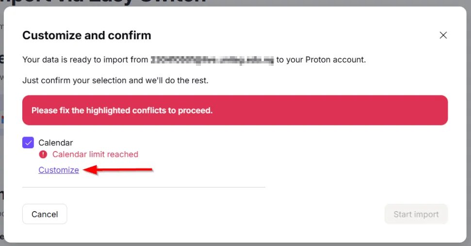 Tùy chọn &quot;Customize&quot; trong Proton để lựa chọn lịch Outlook cần nhập