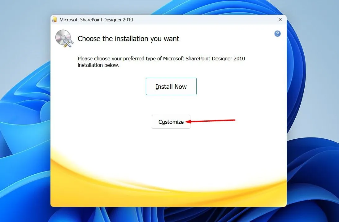 Tùy chọn &quot;Customize&quot; (Tùy chỉnh) trong quá trình cài đặt Microsoft SharePoint Designer.