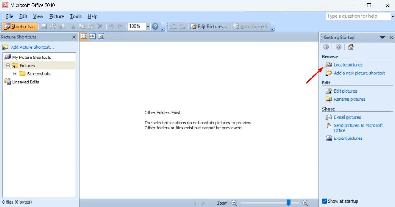 Tùy chọn &quot;Locate Pictures&quot; (Định vị ảnh) trong giao diện Microsoft Office Picture Manager.
