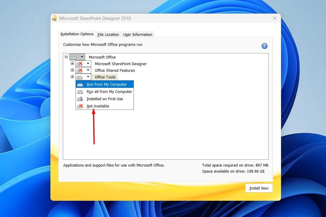 Tùy chọn &quot;Not Available&quot; (Không có sẵn) để loại bỏ các thành phần không mong muốn khỏi cài đặt SharePoint Designer.
