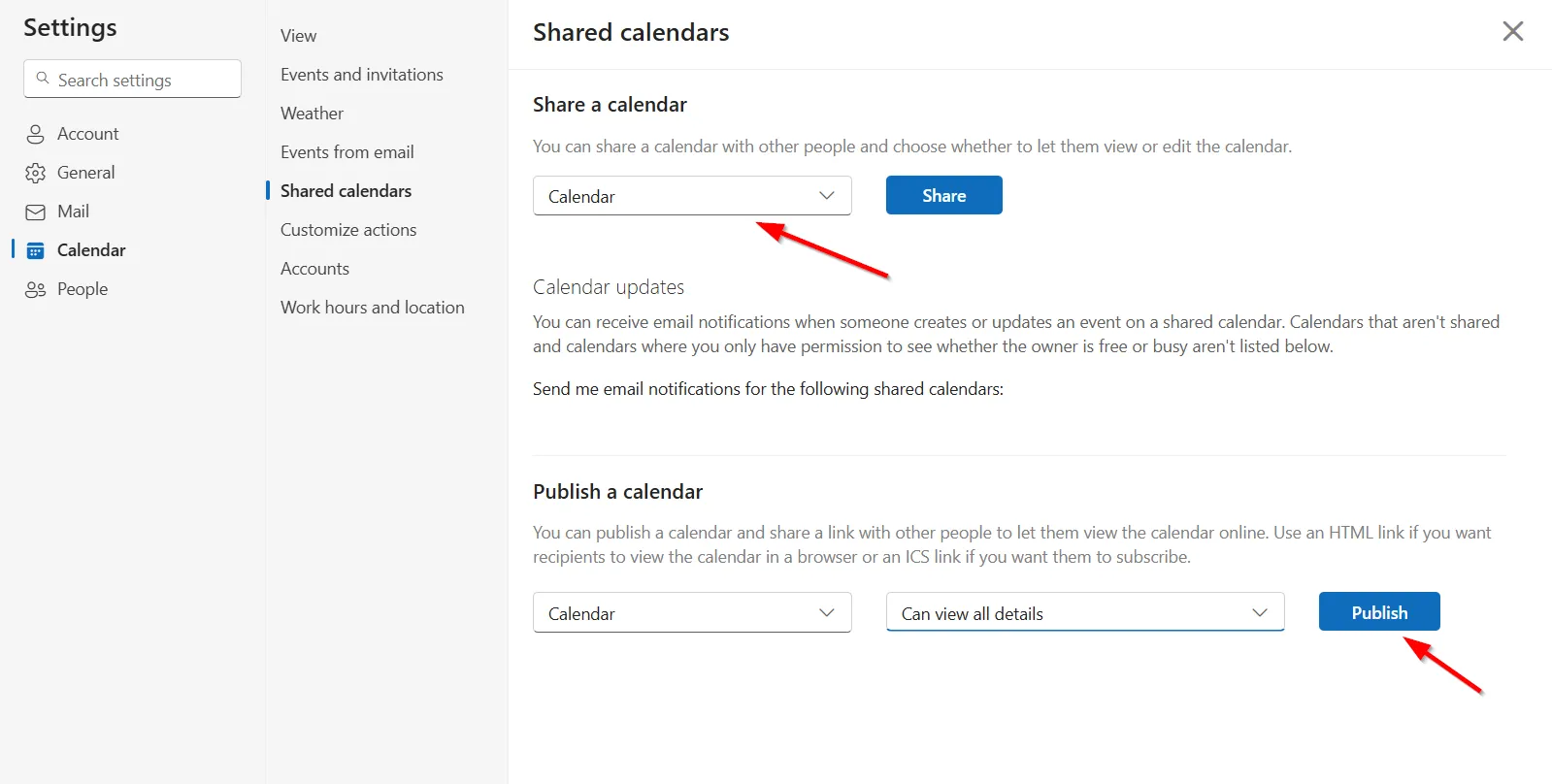 Tùy chọn &quot;Publish&quot; lịch trong Outlook để tạo liên kết ICS