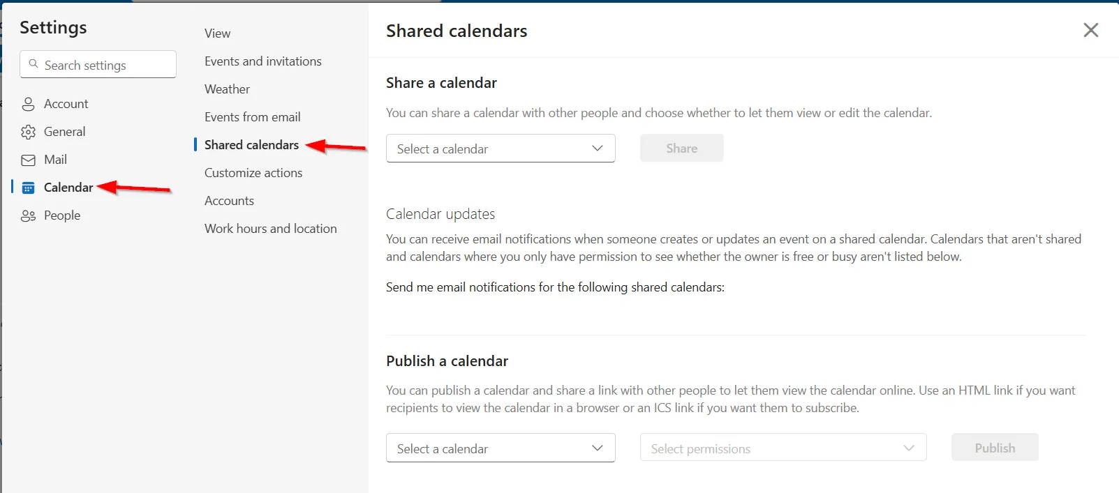 Tùy chọn &quot;Shared calendars&quot; trong cài đặt lịch của Outlook