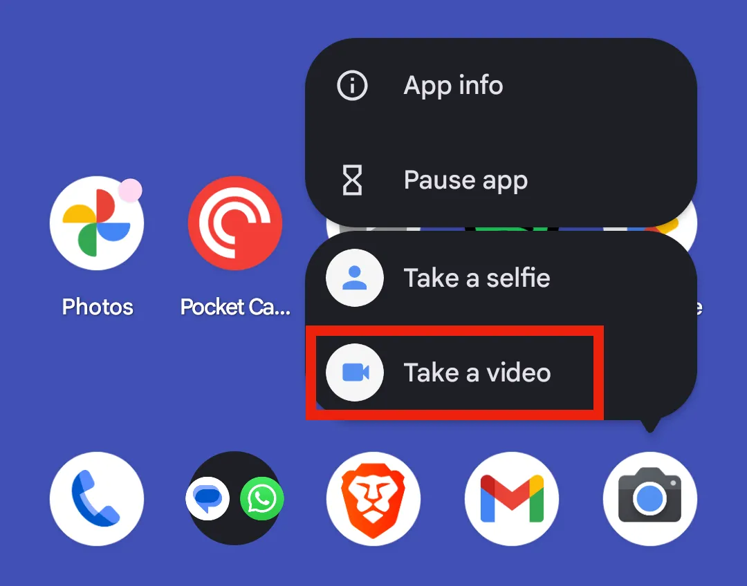 Tùy chọn &quot;Take a Video&quot; trong menu ngữ cảnh của ứng dụng Pixel Camera