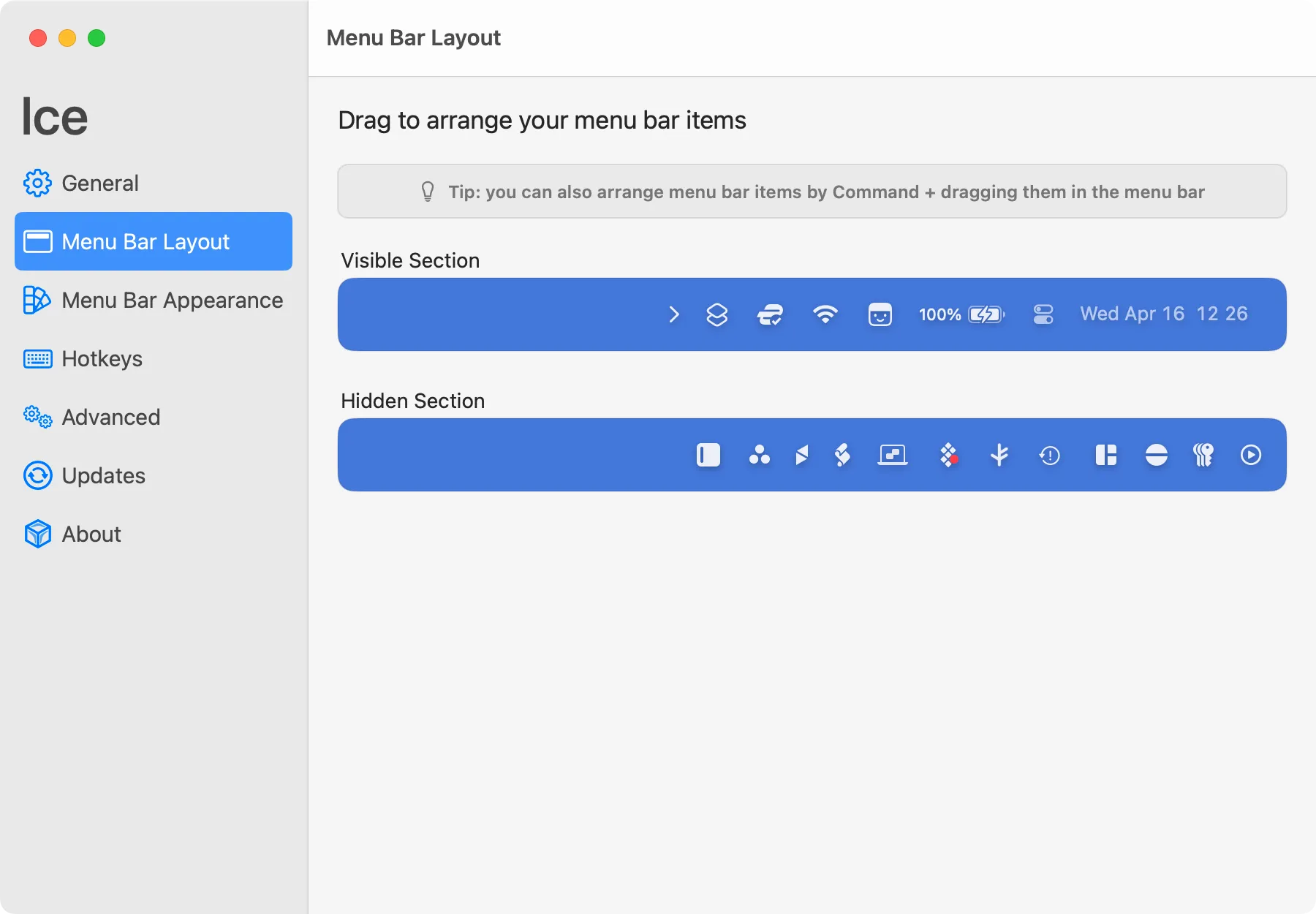 Ứng dụng Ice hiển thị các tùy chọn tổ chức và ẩn bớt biểu tượng trên thanh menu của Mac
