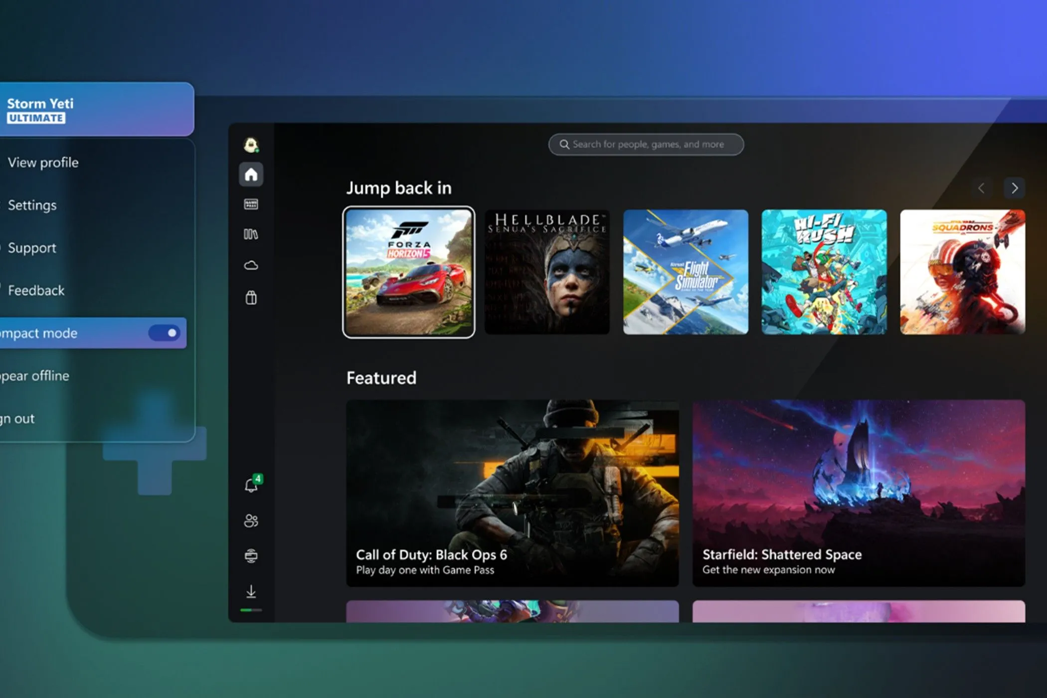 Ứng dụng Xbox trên PC với giao diện màn hình chính, hiển thị các trò chơi như Call of Duty Black Ops 6 và các tựa game khác