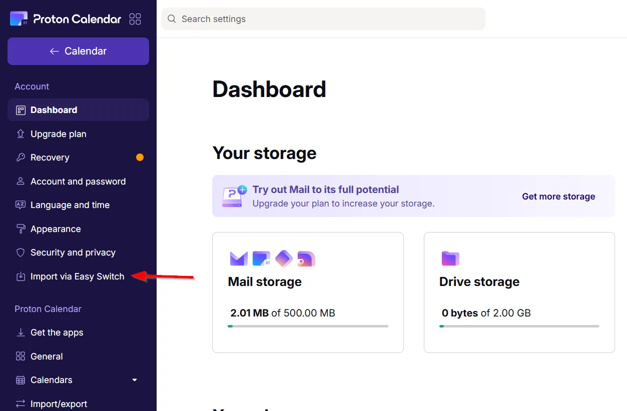 Vào &quot;Import via Easy Switch&quot; trong Proton Calendar để tiếp tục nhập lịch bằng file ICS
