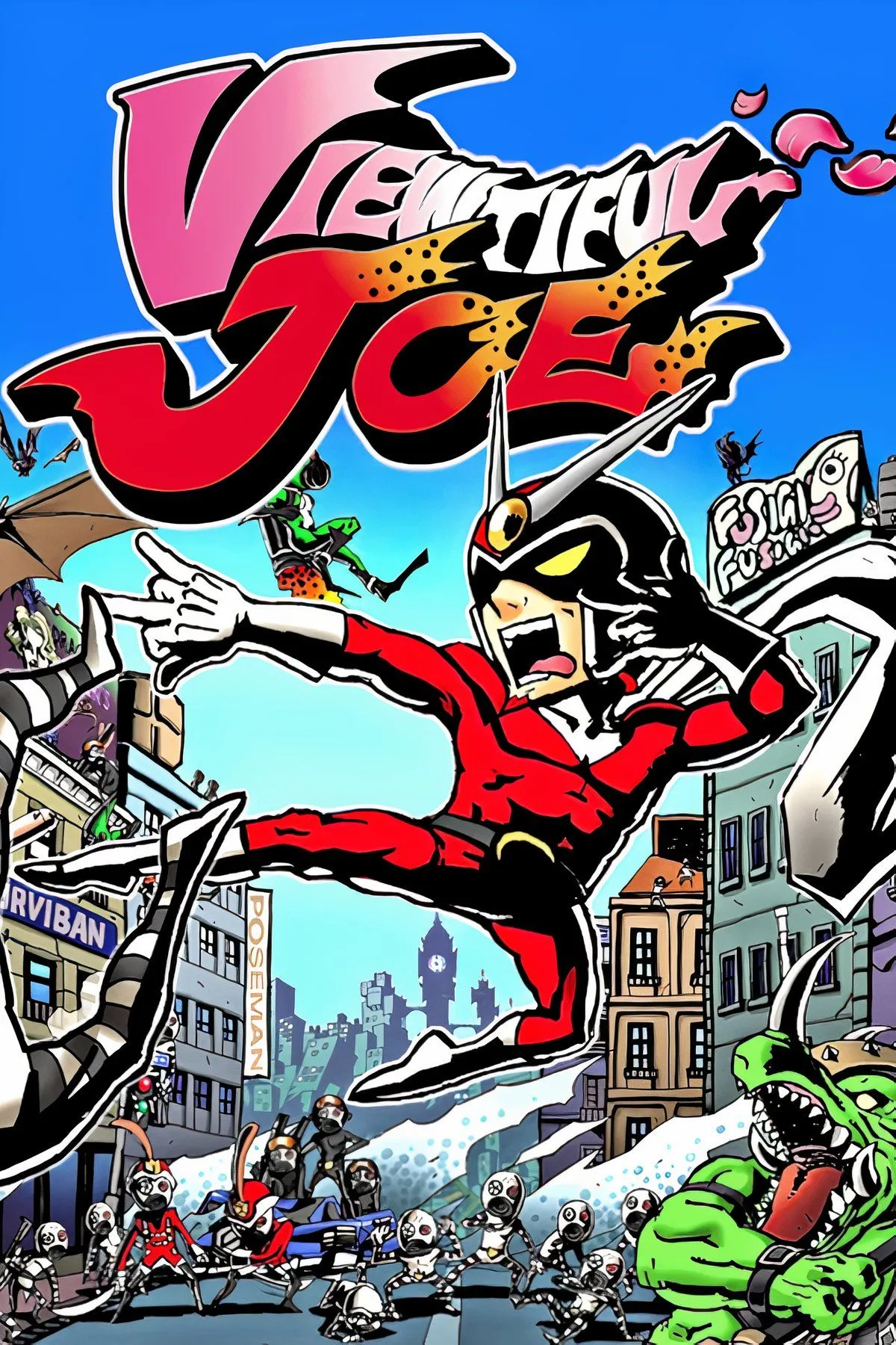 Viewtiful Joe, siêu anh hùng phong cách cel-shaded, thực hiện một đòn đánh đầy uy lực trong bối cảnh đậm chất truyện tranh