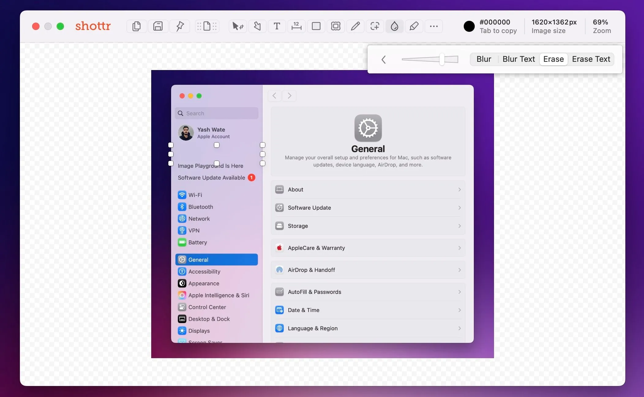 Xóa bỏ các đối tượng không mong muốn khỏi ảnh chụp màn hình bằng công cụ Erase của Shottr.